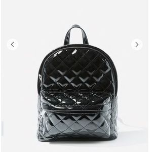 F21 Black Quilted Faux Patent Leather Backpack